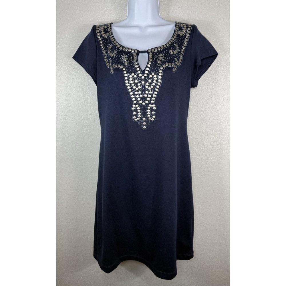 BISOU BISOU By Michele Bohbot STUDDED Keyhole Neck NAVY Sheath Dress Size 6